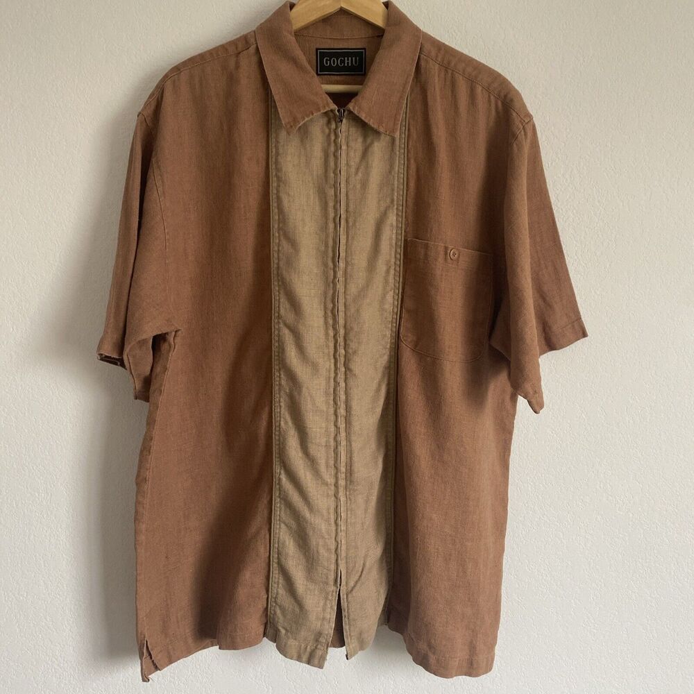 GOCHU Linen Shirt Two-Tone Brown Short Sleeve Full Zip Bowler-Style Top Sz L/XL
